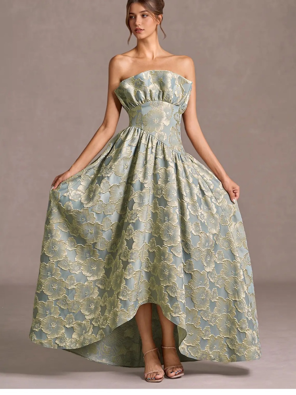 Azazie Strapless High-Low Jacquard Dress in Sage and Gold